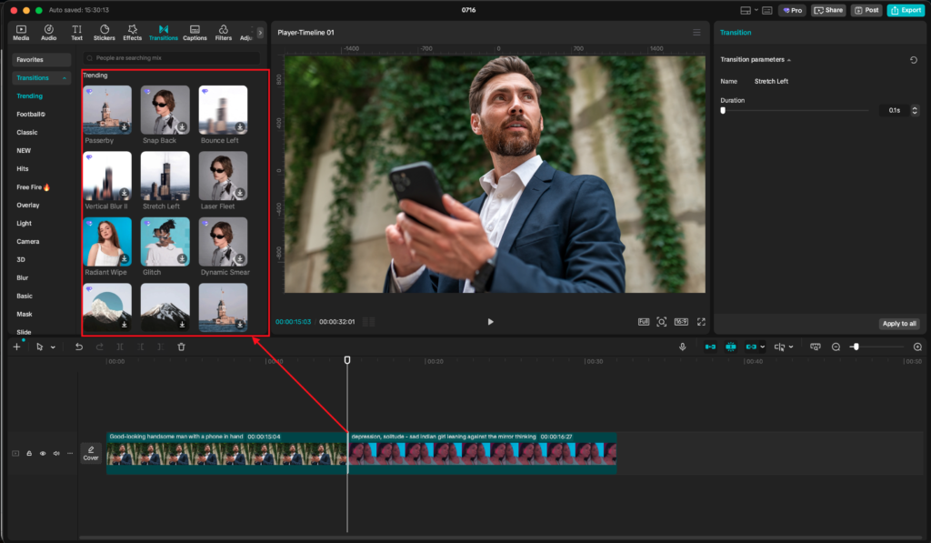 capcut transitions pannel